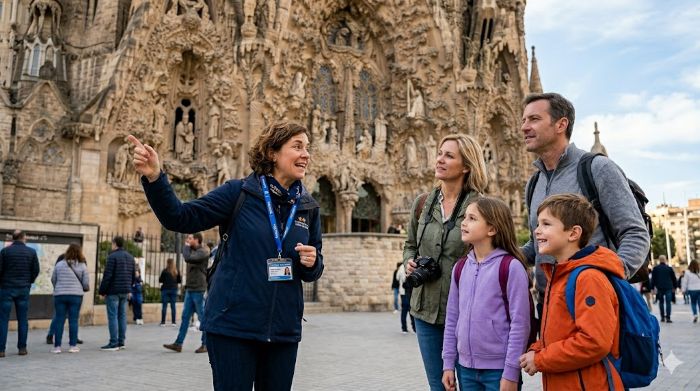 Guía oficial y privada con acreditación mostrando la Sagrada Família a una familia en Barcelona