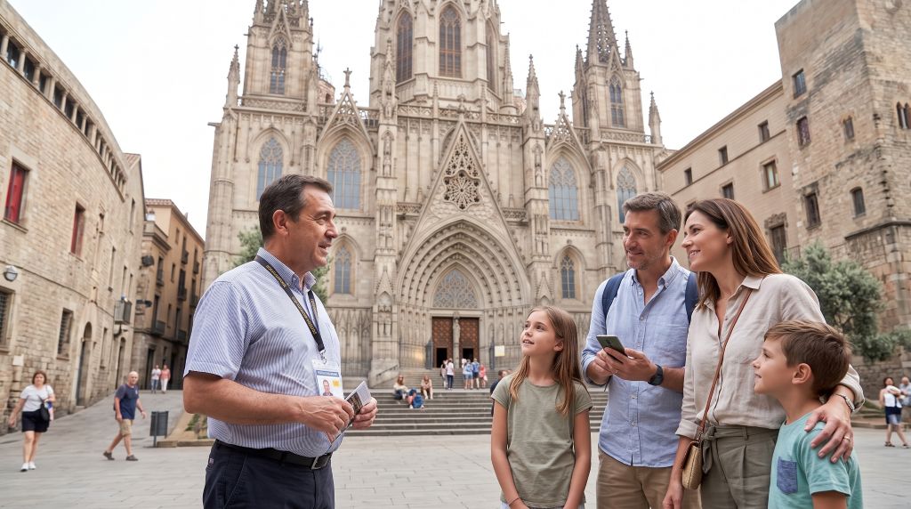 Licensed tour guide with an official badge explaining the Cathedral of Santa Eulàlia to a small group in Barcelona's Gothic Quarter