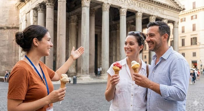 Slovenský sprievodca sa delí o zmrzlinu s turistami pred Panteónom v Ríme