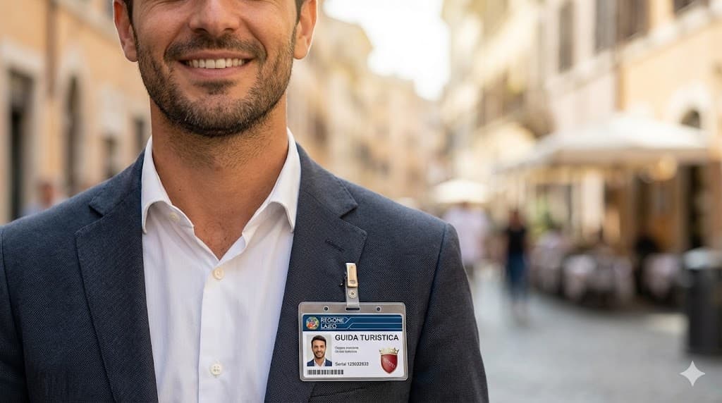 Detail oficiálneho identifikačného odznaku Patentino, ktorý nosia licencovaní turistickí sprievodcovia v Taliansku