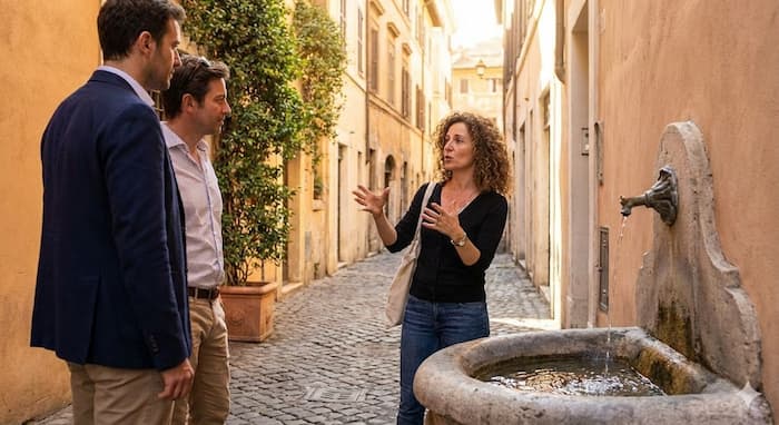 Slovenský miestny sprievodca sa prechádza s cestovateľmi tichou uličkou v rímskej štvrti Trastevere