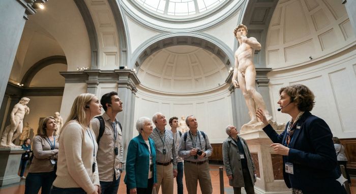 Visitors admiring Michelangelo's David at the Galleria dell'Accademia, Florence