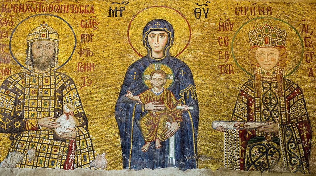 Byzantine mosaic of the Virgin Mary with Child Jesus flanked by Emperor John II Komnenos and Empress Eirene, Hagia Sophia, Istanbul