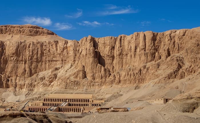 Temple of Hatshepsut at Deir el-Bahari against the limestone cliffs of the West Bank Luxor — a highlight of any private west bank tour in Luxor