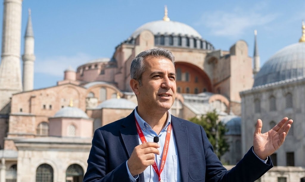 A young male licenced tour guide is standing and explaning in front of Hagia Sophia