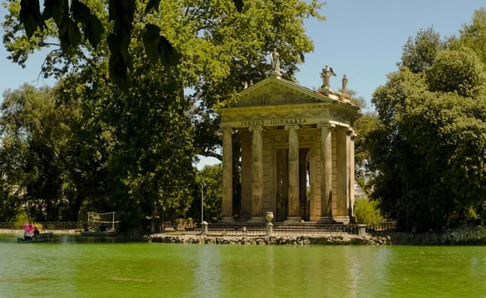 The Temple of Aesculapius reflected in the lake of Villa Borghese gardens — one of Rome's most peaceful landmarks, easily combined with a private Borghese Gallery tour
