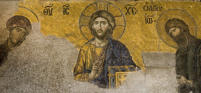 The Deesis mosaic depicting Christ Pantocrator flanked by the Virgin Mary and John the Baptist, upper gallery of Hagia Sophia, 13th century