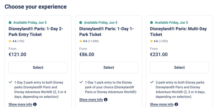 Tiqetsでのディズニーランド・パリのチケットオプション — 1日/2パーク、1日/1パーク、複数日の料金