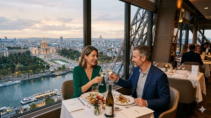 Das Restaurant Madame Brasserie im Eiffelturm mit Blick über Paris