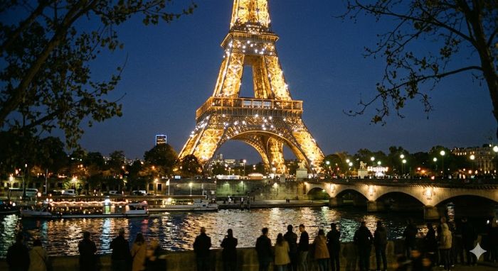 Der beleuchtete und glitzernde Eiffelturm bei Nacht in Paris