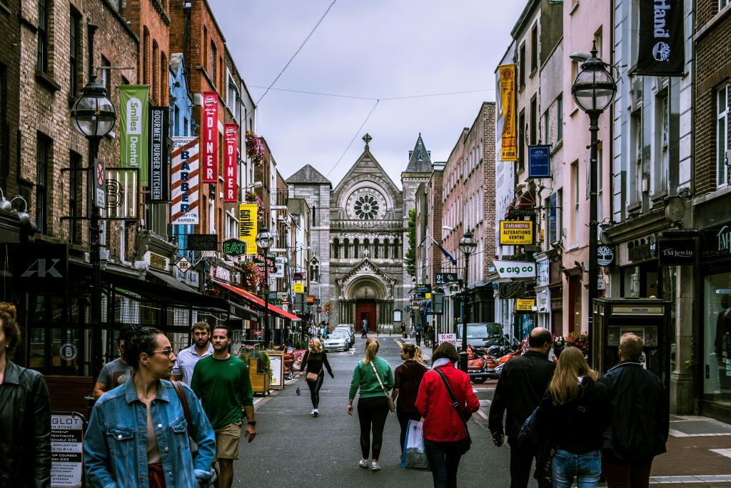 Dublin city centre street view looking towards St Ann's Church on Anne Street South
