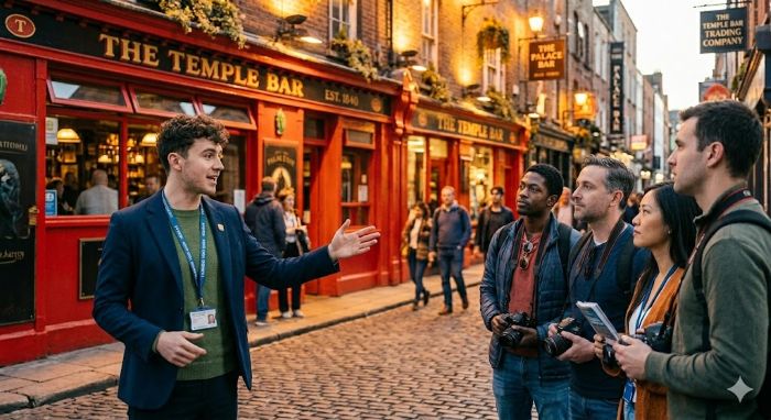 Licensed Dublin tour guide leading a private group past Temple Bar pubs and traditional Irish music venues