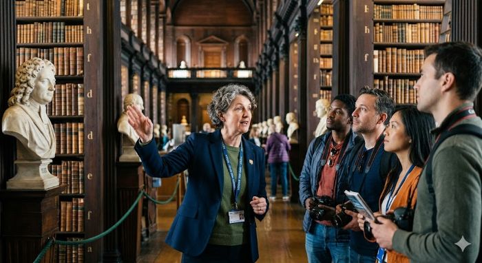 Fáilte Ireland licensed Dublin tour guide explaining the busts of Trinity College Long Room to a small private group