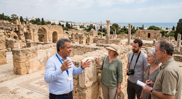 Licensed tour guide in Tunis explaining the ruins of Carthage to a small private group