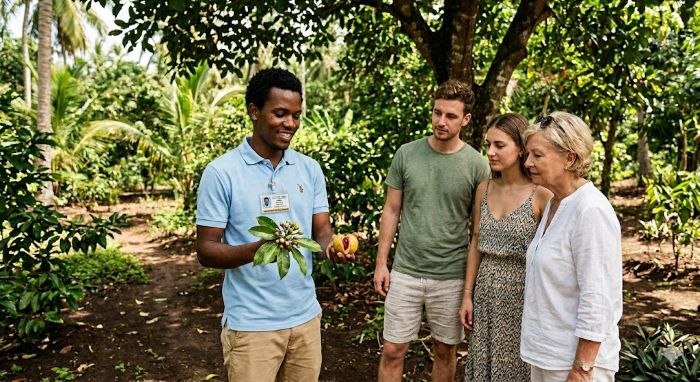 Licensed Zanzibar tour guide with lanyard showing fresh nutmeg and tropical fruit to visitors at a Kizimbani spice farm