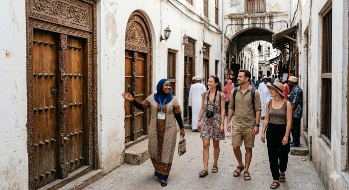 Licensed Zanzibari tour guide showing a carved Swahili door from 1894 to visitors in a Stone Town alley