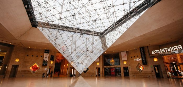 The underground Carrousel du Louvre entrance accessed from Rue de Rivoli, Paris