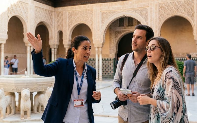Licensed Andalusian tour guide explaining the Alhambra to a private group inside the Nasrid Palaces