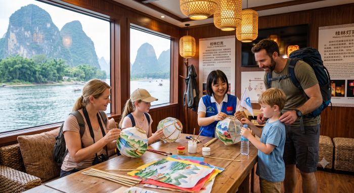 Licensed guide leading an onboard activity for a family during a Li River cruise near Guilin