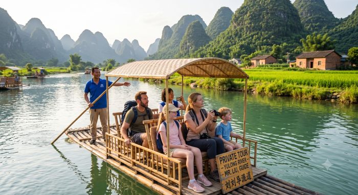Private guide leading a bamboo raft tour on the Yulong River through the Yangshuo countryside