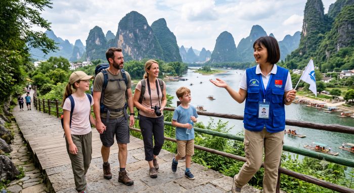 Licensed English-speaking guide showing a family the Li River and karst peaks near Yangshuo