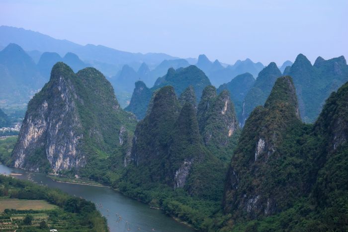 Karst peaks reflected in the Li River at Xingping near the 20-yuan banknote viewpoint