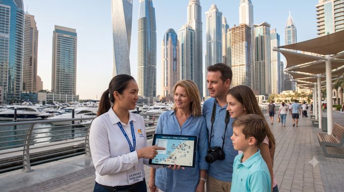 Licensed Dubai tour guide discussing the day's itinerary with a family at Dubai Marina