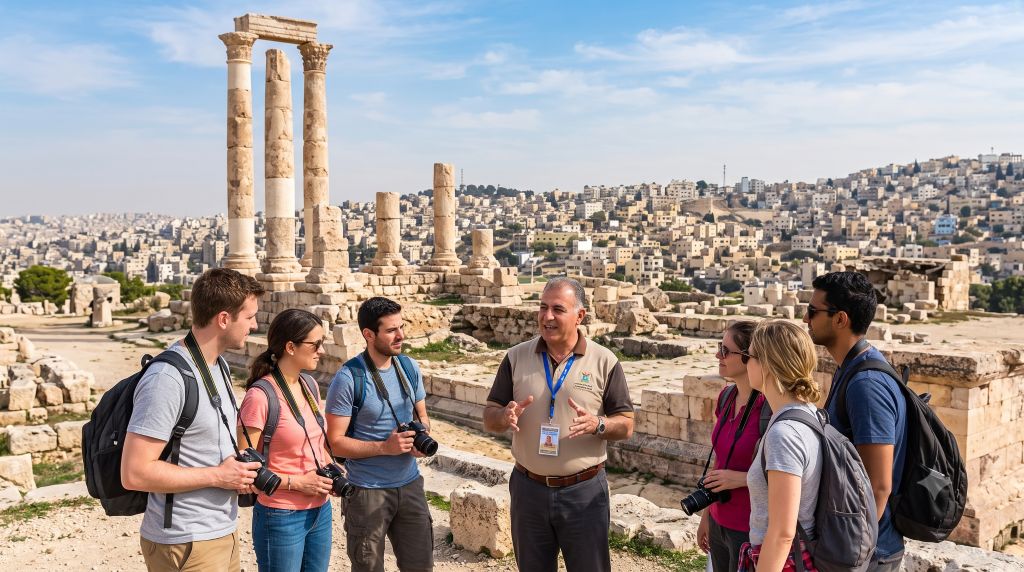 Licensed English speaking tour guide with visitors at the Amman Citadel in Jordan