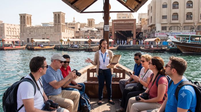 English speaking tour guide with travellers crossing Dubai Creek by abra towards the Gold Souk