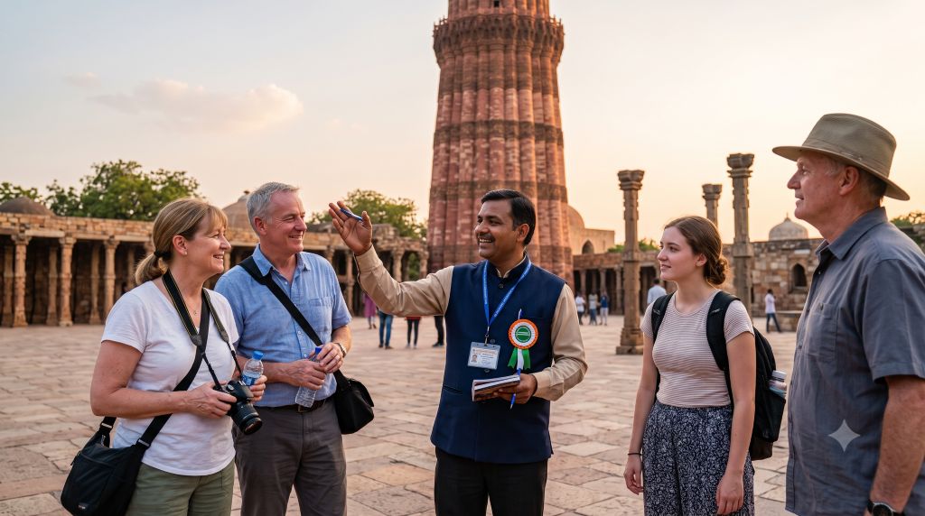 Licensed English speaking tour guide with visitors at India Gate in New Delhi (AI illustration)