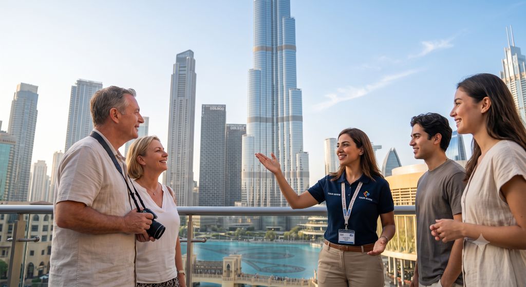 Licensed private tour guide in Dubai explaining the Downtown skyline and Burj Khalifa to a small group