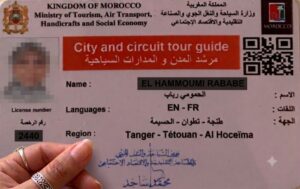 Official Moroccan tour guide professional card showing guide number, category and authorised languages