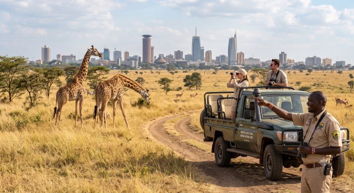 Giraffes in Nairobi National Park with the city skyline behind on a private guided tour