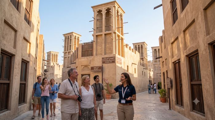 Private city tour group with an English speaking guide walking between the wind-tower houses of Al Fahidi Historical Neighbourhood in Old Dubai