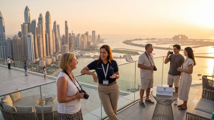 Private city tour stop overlooking the Dubai Marina towers and Palm Jumeirah at golden hour