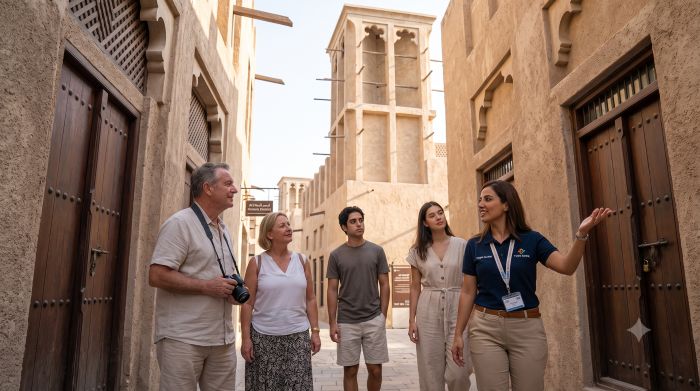 Private licensed guide leading visitors through the wind-tower lanes of Al Fahidi Historical Neighbourhood in Dubai