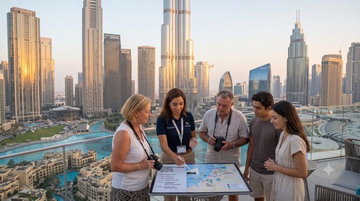 English speaking private tour guide in Dubai going through the day's route with a family in Downtown Dubai