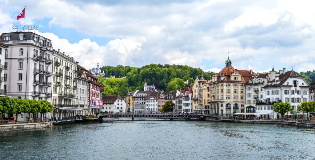 Private tour guide's view of Lucerne old town and the Reuss river, Switzerland