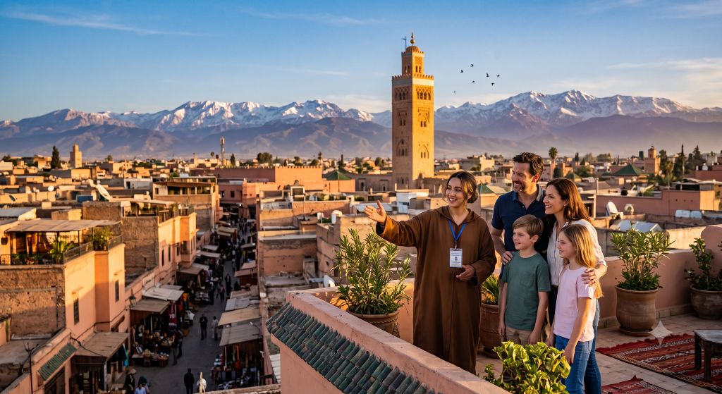 Rooftop view over the Marrakech medina with the Koutoubia minaret and the snow-topped High Atlas behind, a family together with a licensed local guide (Ai illustration).