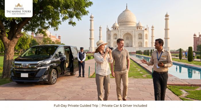 Full day private guided trip to the Taj Mahal in Agra with private car and driver