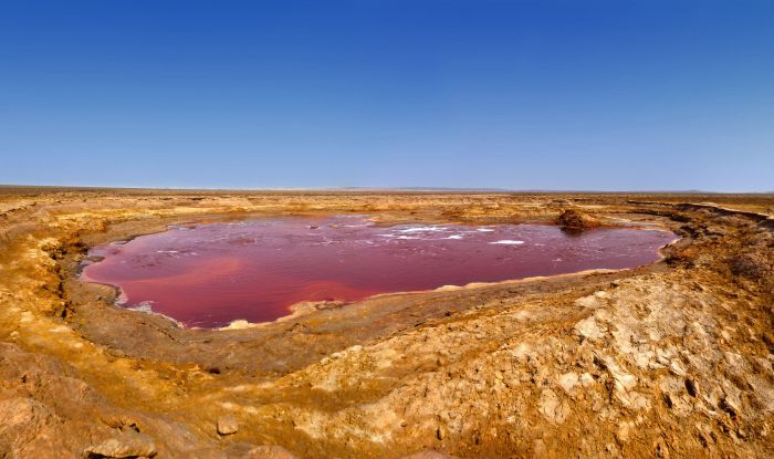 Yellow and green sulphur springs and salt formations at Dallol in the Danakil Depression, Ethiopia