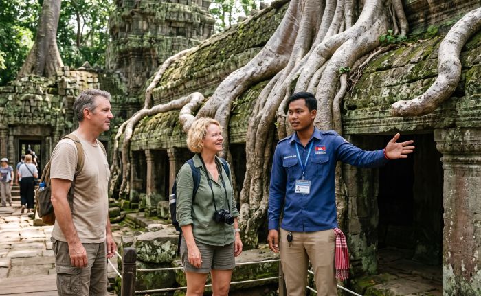 Licensed Cambodian tour guide explaining the tree roots over a gallery wall at Ta Prohm temple, Angkor