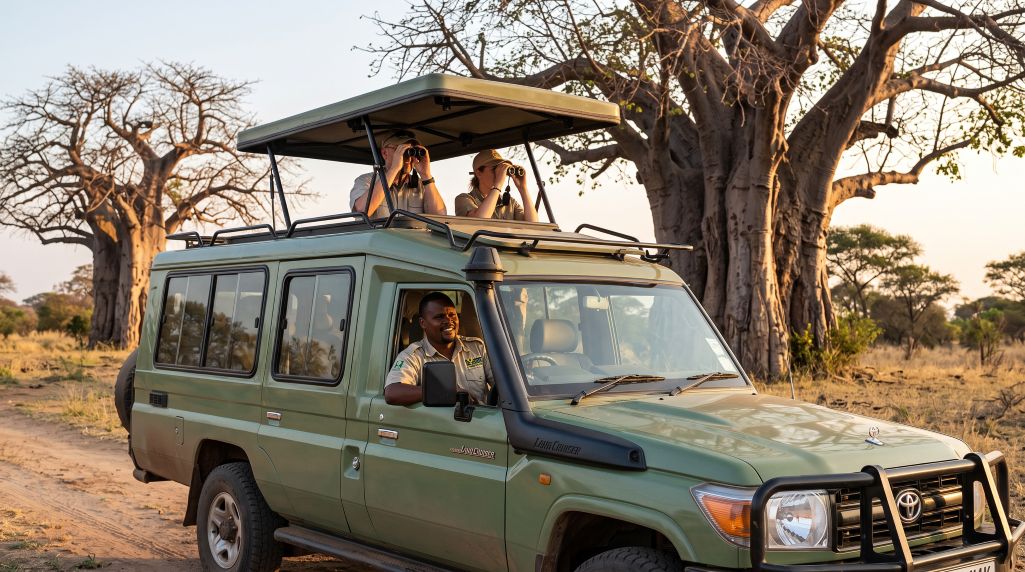 Guide de safari avec licence debout dans le toit ouvrant d'un Land Cruiser avec deux visiteurs au fond du cratère du Ngorongoro, Tanzanie