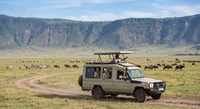 Licensed safari guide standing through the pop-up roof of a Land Cruiser with two visitors on the floor of the Ngorongoro Crater, Tanzania (AI generated)