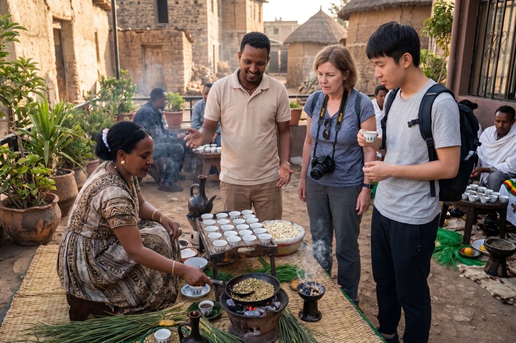 Licensed Ethiopian tour guide with two visitors at a coffee ceremony in Addis Ababa (AI generated)
