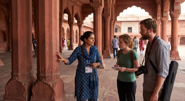 Licensed Indian tour guide explaining the red sandstone pillars of the Diwan-i-Am audience hall to two visitors at Agra Fort
