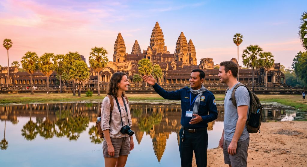 Lizenzierter kambodschanischer Reiseleiter mit zwei Besuchern vor Angkor Wat bei Sonnenaufgang, Siem Reap (KI-generiertes Bild)