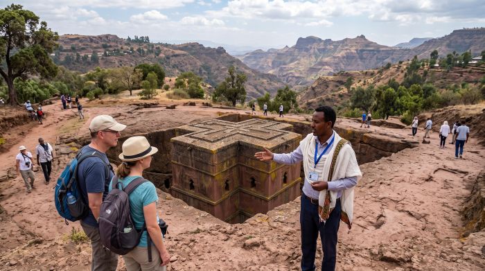 Licensed Ethiopian tour guide with two visitors on the rim above the rock-hewn church of Bet Giyorgis, Lalibela