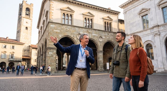 Licensed Italian tour guide with two visitors in Piazza Vecchia in the Città Alta of Bergamo, the Palazzo della Ragione behind