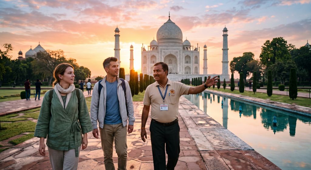Licensed Indian tour guide with two visitors on the reflecting-pool path in front of the Taj Mahal at sunrise, Agra (AI generated image)